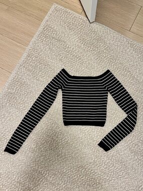 Bershka Off the Shoulder Striped Ribbed Knit Crop Sweater Black White S